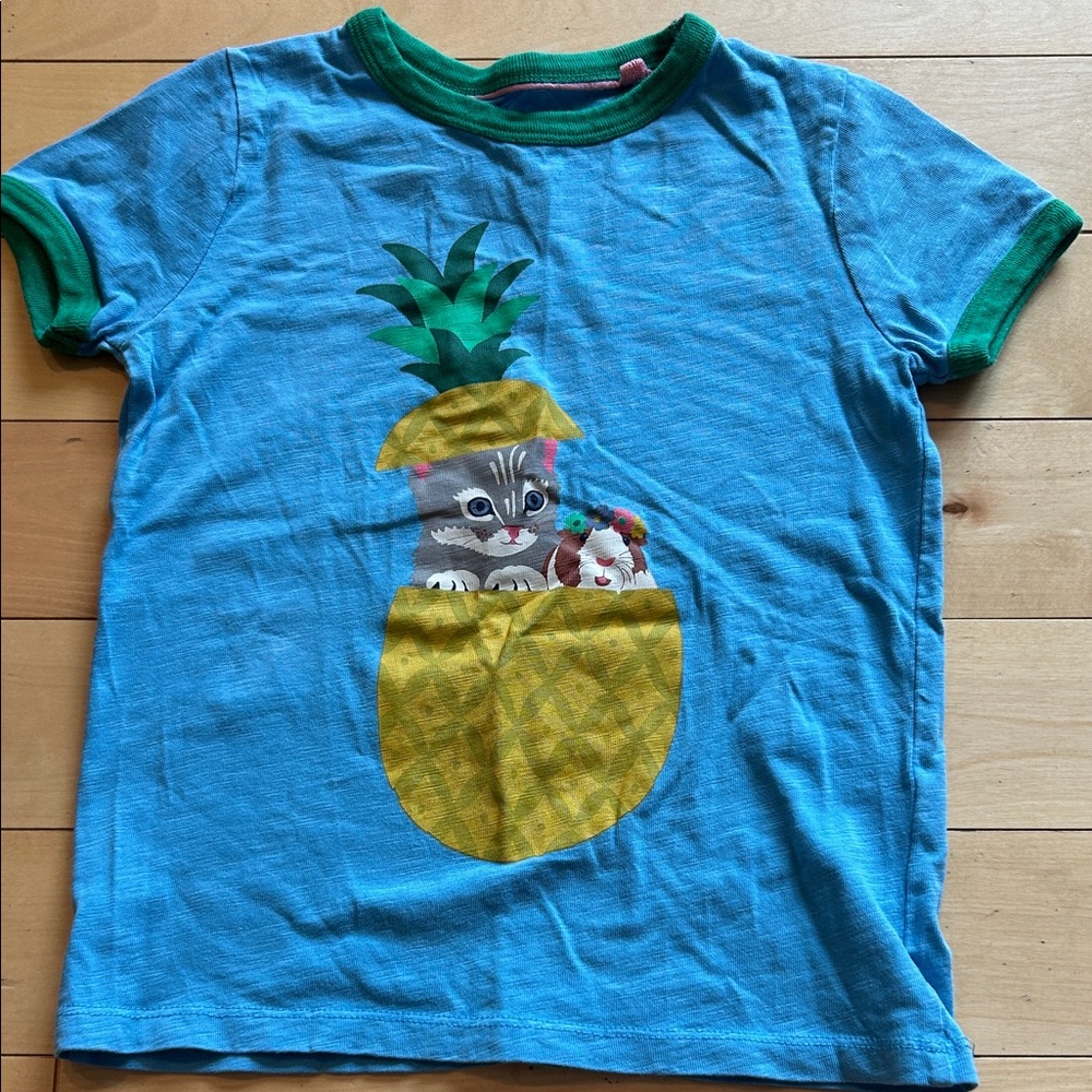 Mini Boden Blue and Green Kids Tee with Pineapple and Cat Design